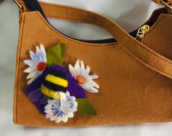 Handmade Gift Needle Felted Bumblebee & Flower Felt Fabric Copper Handbag Evening Bag
