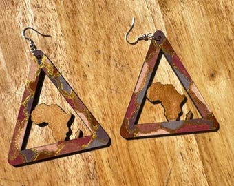 Hand-Painted Afrocentric Wooden Earrings – Africa Cutout, Lightweight Triangle Jewelry