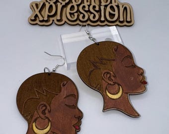 Bald Beauty Wooden Earrings – Hand-Painted Natural Goddess Silhouette | Soulful Xpression Collection
