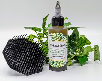 May include: A 2 fl oz bottle of Herbalist Blends Hair Growth Oil with a black cap and label. The label is white with green palm leaves and black text. The text on the label reads "Herbalist Blends", "Aloe Vera Leaf, Horsetail Extract, Pumpkin Seed, Organic Lavender, Organic Jasmine & Rose Bud", "Hair Growth Oil", "2 fl oz (354ml)".