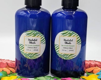 May include: Two blue plastic bottles with pumps, labeled "Herbalist Blends" and containing hair growth conditioner and shampoo for children. The bottles are 12 fluid ounces (354 ml) each.