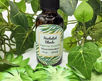 May include: A brown glass bottle with a dropper top, labeled "Herbalist Blends Original Hair Growth Oil Natural Herbal Blend 1 fl. oz (29.5ml)". The bottle is surrounded by green leaves.
