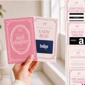 May include: A collection of pink gift card holders featuring decorative borders and various text headings such as "next chapter," "a new read," "pretty stationery," "one less errand," "a movie night," and "a caffeine boost" with assorted gift cards.