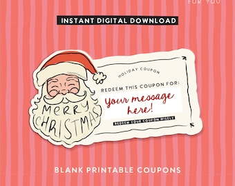 Könnte beinhalten: Ein druckbarer Weihnachtsgutschein mit einer Illustration des Weihnachtsmanns und dem Text "Merry Christmas". Der Gutschein lautet "Lösen Sie diesen Gutschein ein für: Ihre Nachricht hier!" und "Lösen Sie Ihren Gutschein mit Bedacht ein". Der Hintergrund ist rosa.