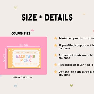 May include: A coupon set featuring a ticket labeled BACKYARD PICNIC, measuring 3.35 by 2.1 inches. Details include 14 pre-filled and 4 blank coupons printed on matte paper, a personalized cover, a note card, and options for extra blank coupons.