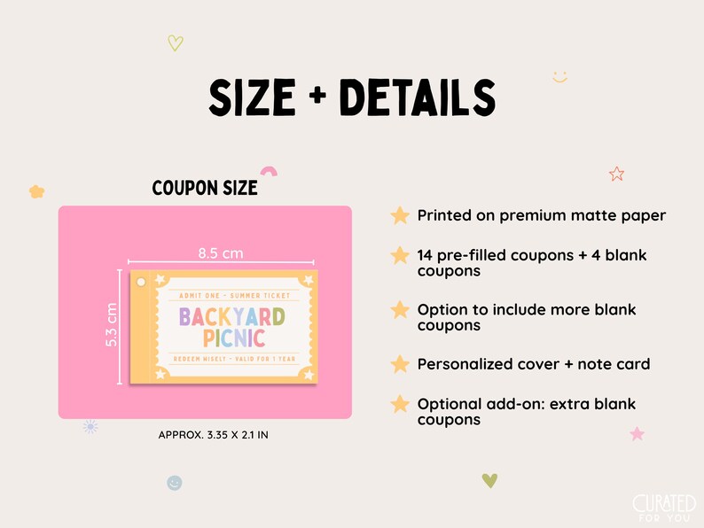 May include: A coupon set featuring a ticket labeled BACKYARD PICNIC, measuring 3.35 by 2.1 inches. Details include 14 pre-filled and 4 blank coupons printed on matte paper, a personalized cover, a note card, and options for extra blank coupons.
