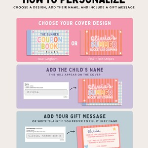May include: An instructional graphic titled HOW TO PERSONALIZE with three sections. It shows two coupon book cover designs in blue gingham or pink and red stripes, a text input field for a child's name, and a gift message input field for a note card.