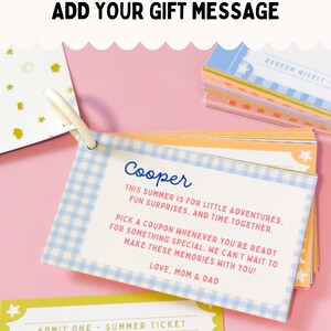 May include: A stack of rectangular cards bound by a white plastic ring. The top card features a blue gingham border and text that reads: Cooper, This summer is for little adventures, fun surprises, and time together. Pick a coupon whenever you're ready for something special. We can't wait to make these memories with you! Love, Mom & Dad.