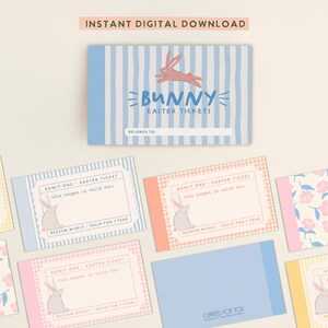 Boletos digitales de conejito de Pascua en colores pastel - Cupones de Pascua editables - Libro de cupones imprimible con plantillas precargadas y en blanco