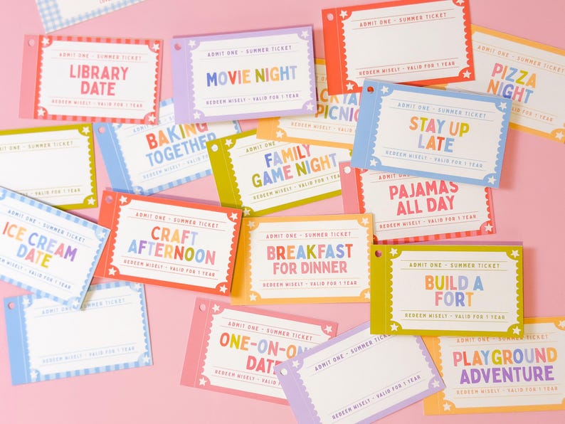 May include: A collection of rectangular paper tickets in various pastel colors, each featuring the text ADMIT ONE - SUMMER TICKET, REDEEM WISELY - VALID FOR 1 YEAR, and specific activity titles like LIBRARY DATE, MOVIE NIGHT, and PIZZA NIGHT.