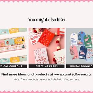 May include: An image showcasing a variety of gift items. The image is divided into three sections: physical coupons, greeting cards, and digital downloads. The coupons are in a clear box with the text "Christmas Countdown". The greeting cards have the text "You are wonderful". The digital downloads are gift tags.