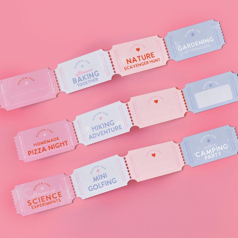 May include: A collection of activity coupons in pink and blue, featuring phrases like "Homemade Pizza Night," "Nature Scavenger Hunt," and "Gardening Afternoon." Each coupon has a heart or star design element.