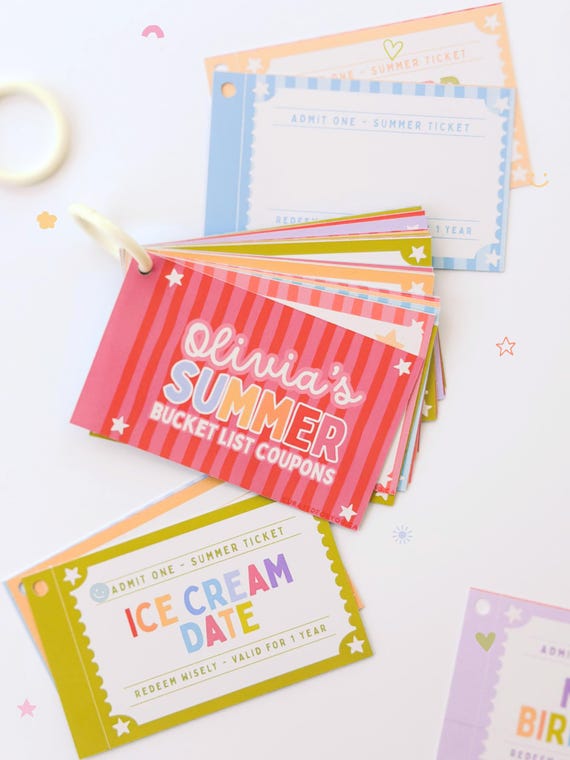 Personalized Summer Bucket List Coupons for Kids, Activity Coupon Book, Screen Free Summer Gift, Kids Boredom Buster