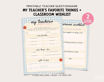 Teacher Favorite Things, Classroom Wishlist Printable, All About My Teacher Questionnaire - Blue Gingham PDF