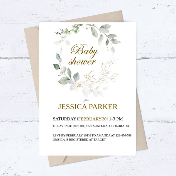 Greenery Baby Shower Invitation, Editable, TEMPLETT. 