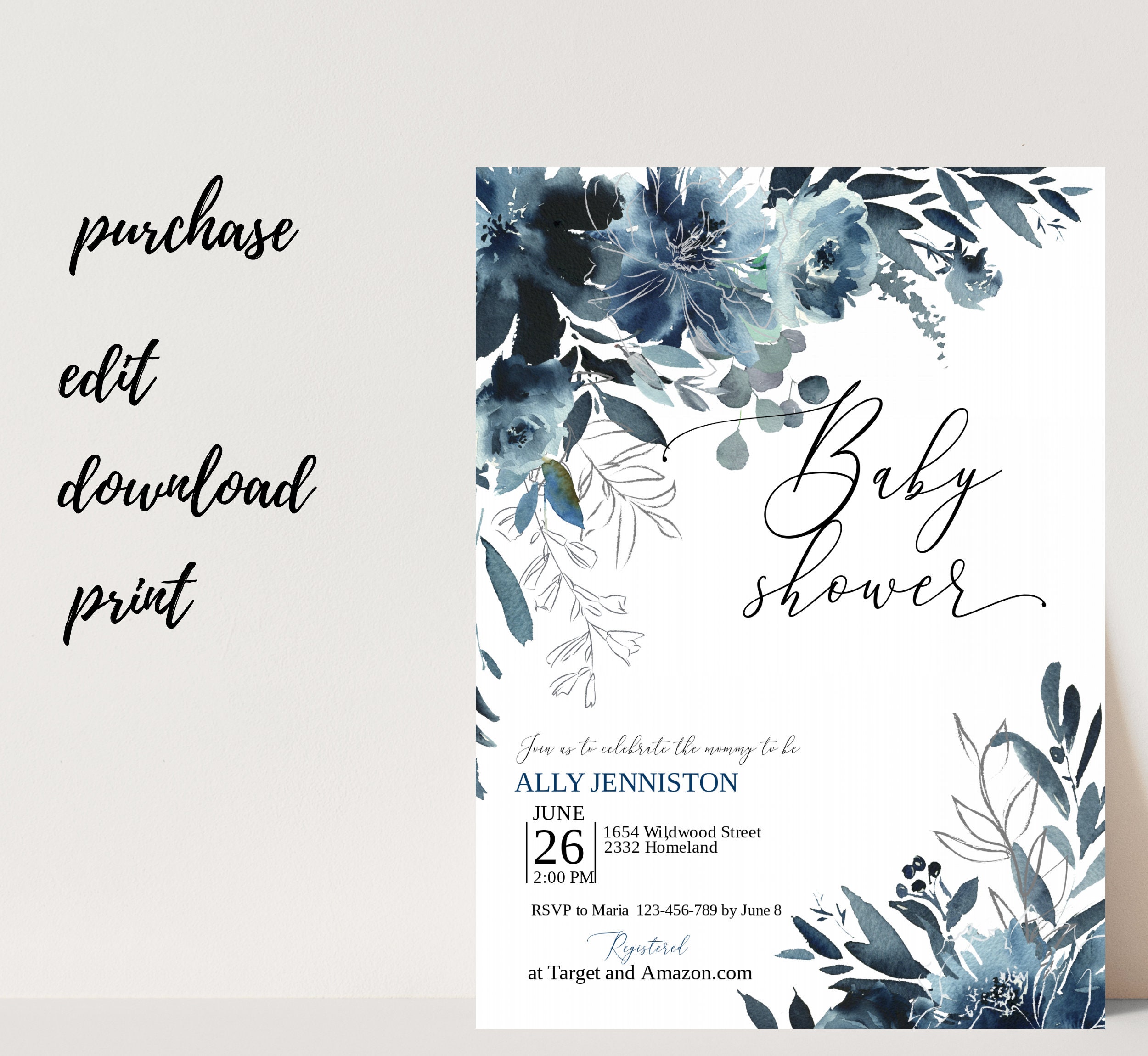 Baby Shower Blue Flower Invitation Template Cute Baby Shower Etsy