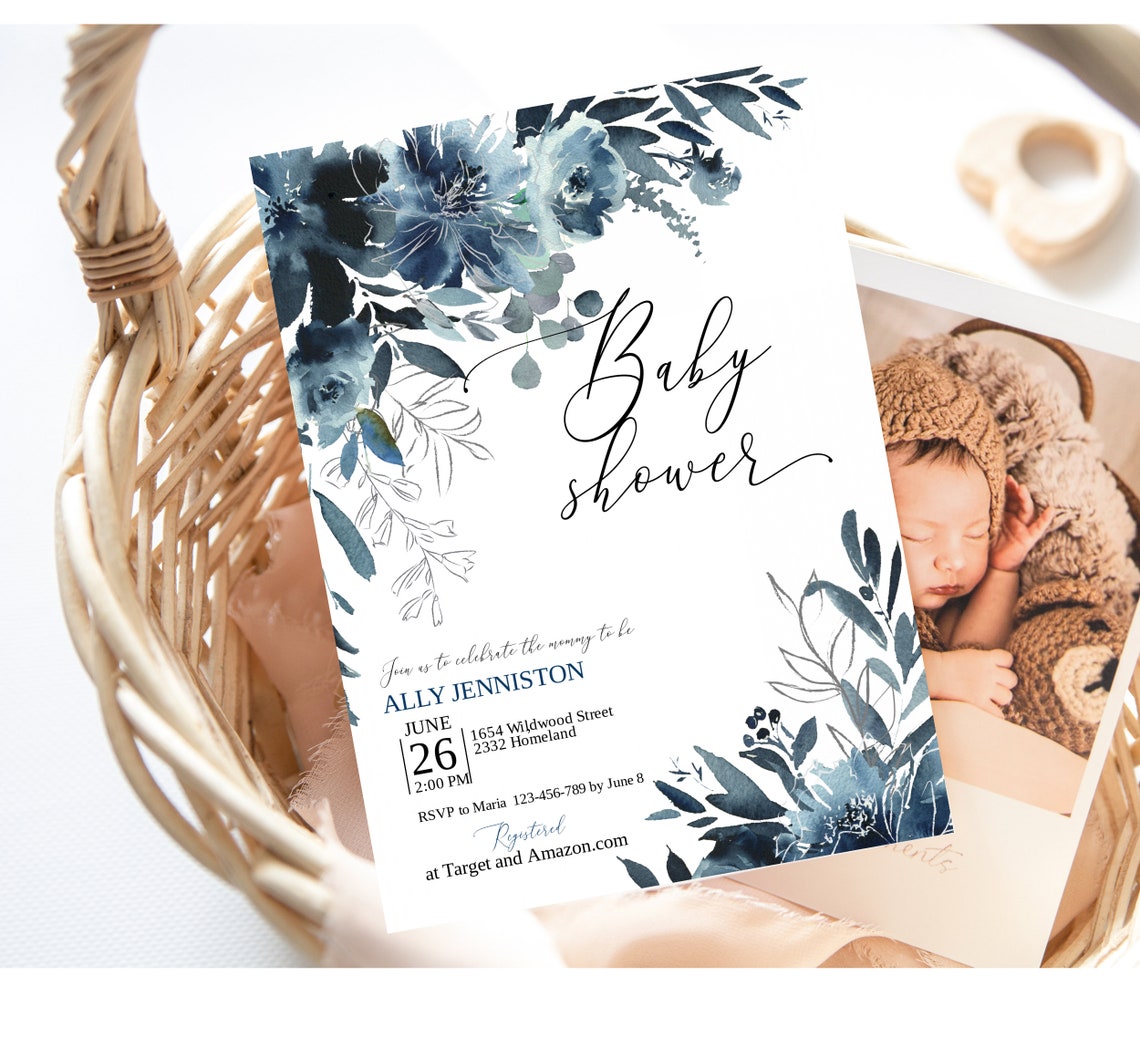 Baby Shower Blue Flower Invitation Template Cute Baby Shower Etsy