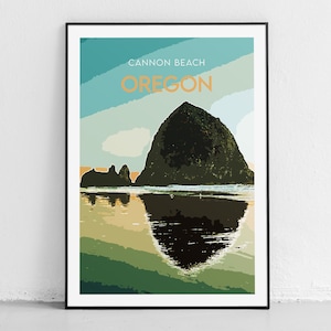 Oregon Travel Print - Cannon Beach - Original Illustration - Vintage Travel Poster - Modern Wall Art - Pacific Northwest - Beach House Print