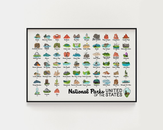 National Parks Checklist - Adventure Decor - All 63 National Parks - National Parks of the United States  - Adventure Kids Room