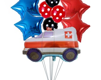 Large Ambulance Balloon Set - 18" Blue & Red Stars Balloons, Polka Dot Latex Balloons Hospital Emergency Response Themed Party