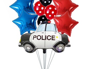 Police Car Balloon Bouquet Large Police Car Shaped Balloon Polka Dot Latex Balloons Blue and Red Star Balloons Ideal for Hero Themed Parties