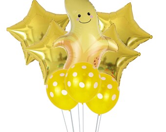 Banana Balloon Bouquet Large Banana Shaped Balloon Polka Dot Latex Balloons and Yellow Star Balloons Perfect for Tropical Themed Parties