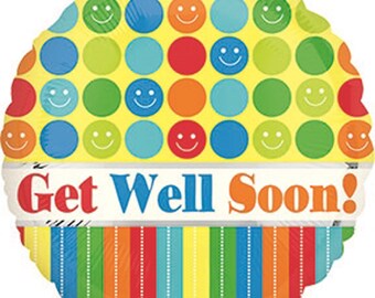 Get Well Soon Balloon Dots & Stripes with Attached Ribbons Mylar Balloon