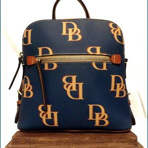 Vintage Dooney & Bourke Navy Monogram Denim Backpack with Tan Leather Trim Vintage Dooney & Bourke Denim Leather Cabriolet Backpack USA  main image 4