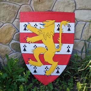 May include: A wooden shield with a red and white striped background and a yellow lion rampant in the center. The shield is painted with black and blue accents and is surrounded by green foliage.