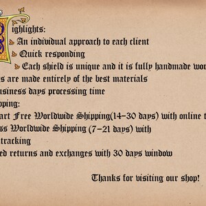 May include: A parchment-toned image with ornate medieval-style borders and text. The text highlights an individual approach, quick responses, unique handmade shields, and quality materials. The image also includes a decorative initial "H".