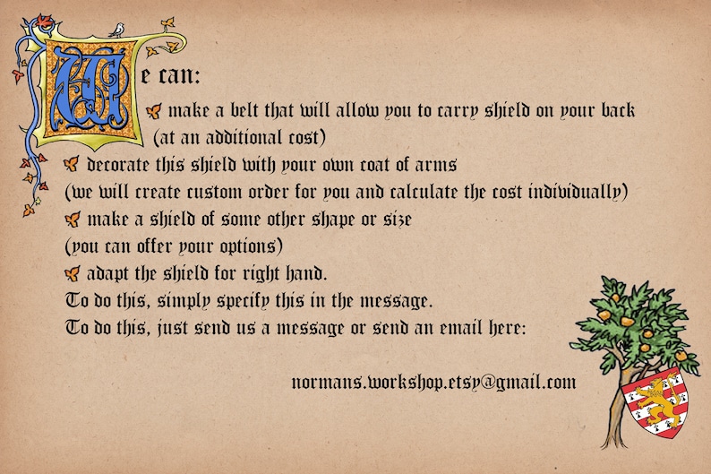 May include: A parchment-toned card with ornate calligraphy and illustrations. The text details custom shield options, including belt attachments, coat of arms decoration, and size variations. A tree with a shield bearing a lion crest is in the lower right.