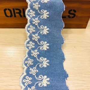 Blue，Denim trim ，Denim cotton Lace  trim , Flower Embroidery  trim , Sewing Craft Supplies，Eyelets scallop border trim，Sold by the Yard