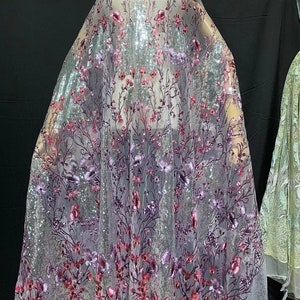 Heavy multi-color flower sequin embroidery lace fabric, mesh embroidery fabric,tulle embroider fabric， dress wedding fabric by the meter