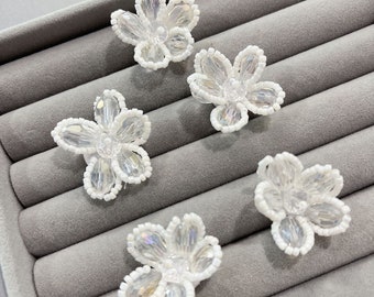 3D Beaded Flowers applique,rhinestone pearls applique patch,Hand-stitched crystal beads, beaded flowers  wedding lace applique，10 pcs