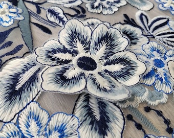 Heavy Industry blue flower embroidered lace, 3D flower embroidered mesh fabric,Bridal  wedding dress fabric by the meter