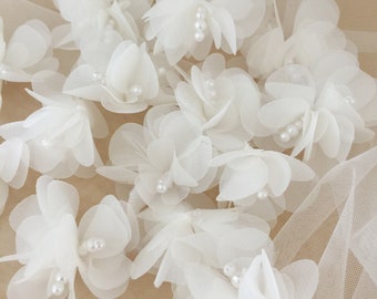 10 appliques de fleurs, appliques en organza, perles de dentelle faites main, fleurs, vêtements pour enfants, robes de mariée