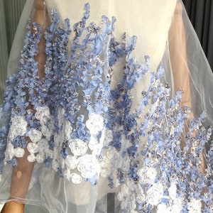Blue organza 3D flower fabric, positioned flowers on both sides, bridal wedding dress fabric, sold by the meter