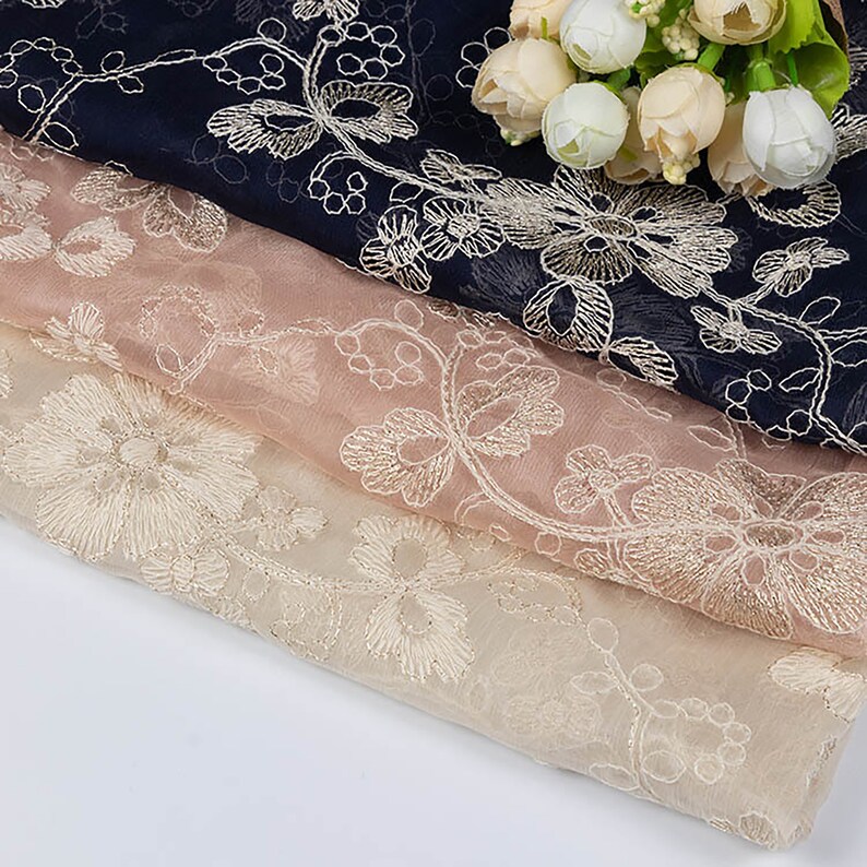 Soft Imitation Silk Chiffon Gold Thread Flower Embroidery, Floral ...