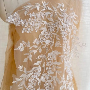 White，forest series leaves bead sequin applique patch，3D  beaded lace applique ，DIY wedding decals，wedding dress accessories