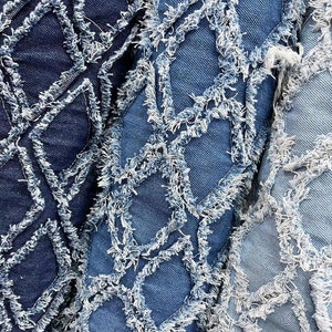 Raw argyle geometric denim， embroidered wash denim, fringed hand-trimmed designer textured fabric,denim fabric  Sold by the yard