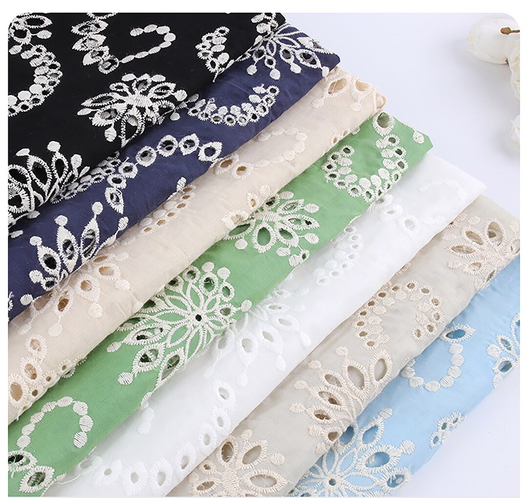11 Colors Cotton Fabric With Embroidered Flower, Eyelet Embroidery