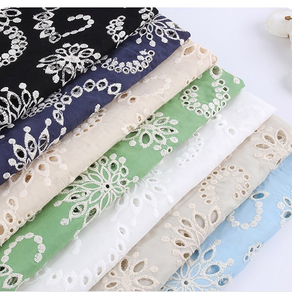 Tissu en coton 11 couleurs avec fleurs brodées, tissu floral brodé à l'oeillet, tissu pour chemisier, dentelle de coton par mètre