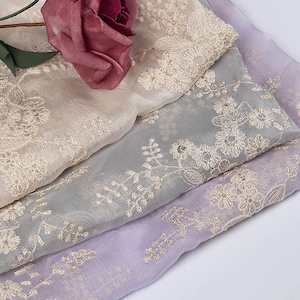 Soft imitation silk chiffon gold thread flower embroidery, floral embroidered tulle fabric,suitable for summer dresses, blouses ,by the yard