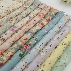 B Delicate chiffon floral print fabric embroidery，chiffon eyelet lace，tulle embroider fabric, stoffe in chiffon floreale ，Many colors