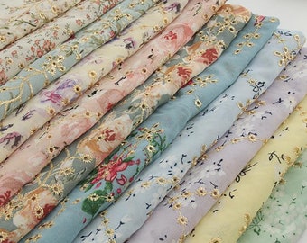 B Delicate chiffon floral print fabric embroidery，chiffon eyelet lace，tulle embroider fabric, stoffe in chiffon floreale ，Many colors