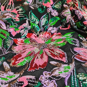 Heavy industry flower bead sequin ,chiffon multi-color flower embroidery lace fabric, 3d flower lace , wedding fabric by the meter