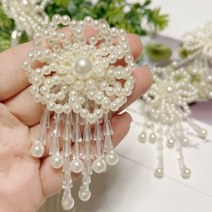 Beaded Tassel， Beaded Flowers applique,rhinestone pearls applique patch,Simulated handmade flowers,  wedding lace applique