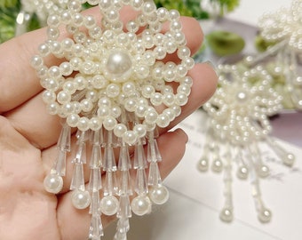 Beaded Tassel， Beaded Flowers applique,rhinestone pearls applique patch,Simulated handmade flowers,  wedding lace applique