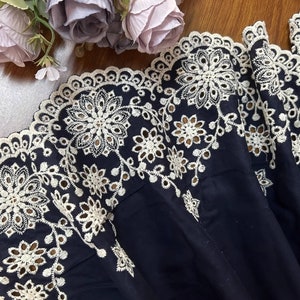 35CM,Navy，Cotton Lace With Flower Embroidery, Embroidery Lace trim , Sewing Craft Supplies，Eyelets scallop border trim，Sold by the meter