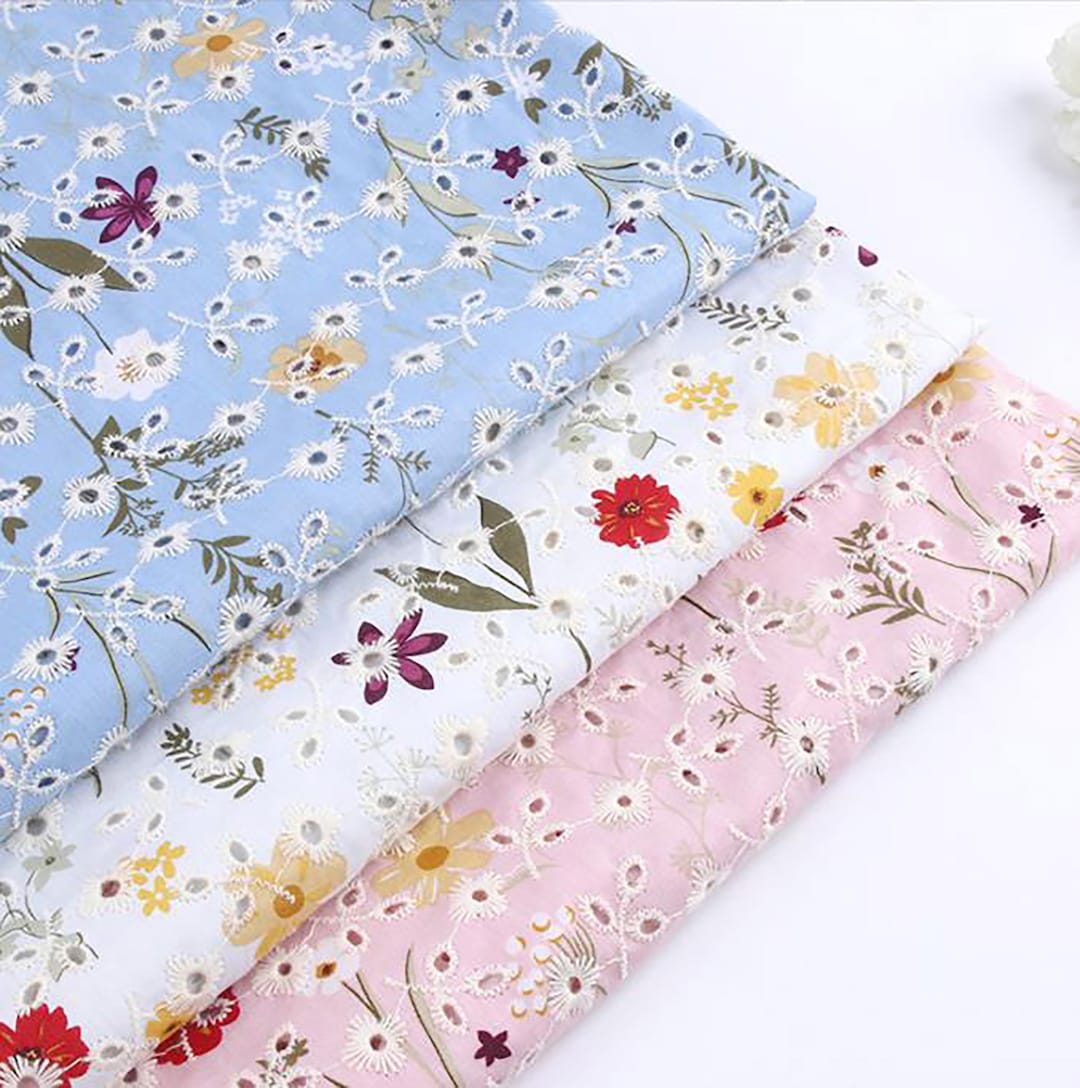 3 Colorsfloral Printed Fabric Embroidery Eyelet Embroidery Etsy
